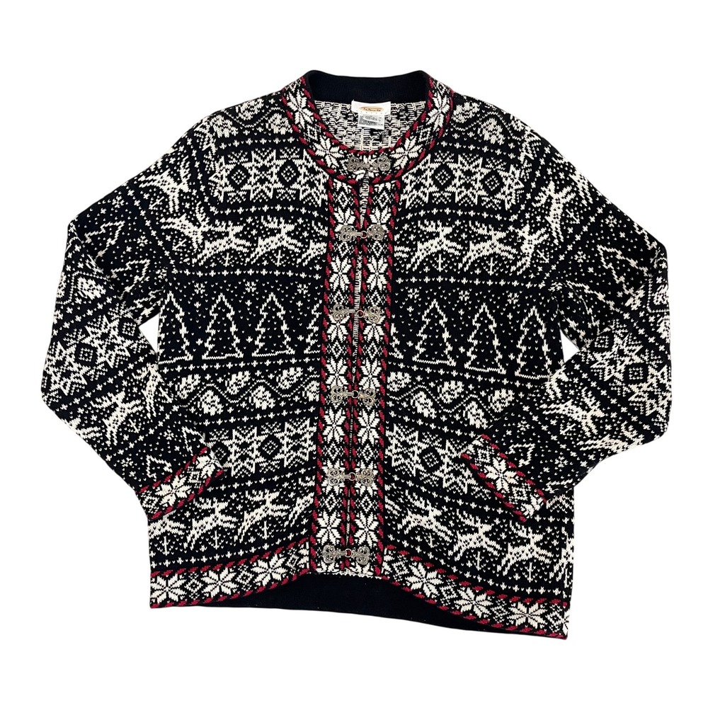 Talbots Fair Isle Reindeer Ornate Clasp Cardigan Sweater Black White Size MP